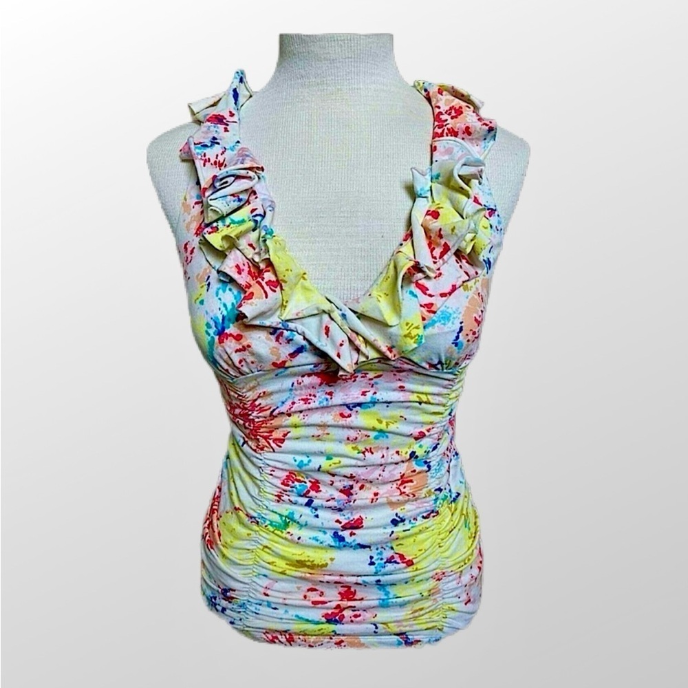 cAbi ruched splatter sleeveless blouse Colorful Ruffled Women's Top